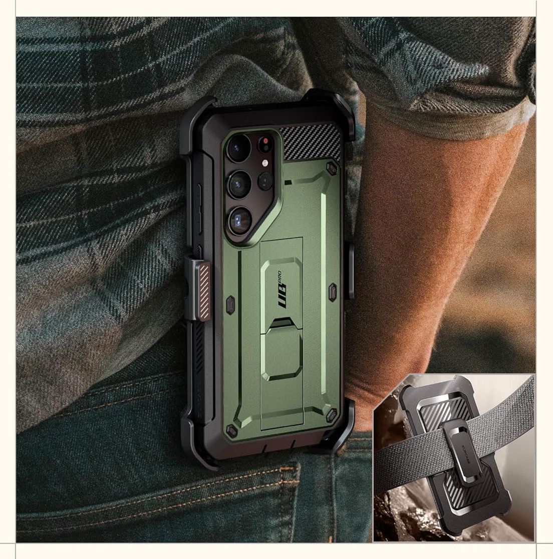 Etui pancerne z osłoną na ekran, z wbudowaną podstawką i kaburą z klipsem obrotowym Supcase Unicorn Beetle Pro do Galaxy S24 Ultra, zielone